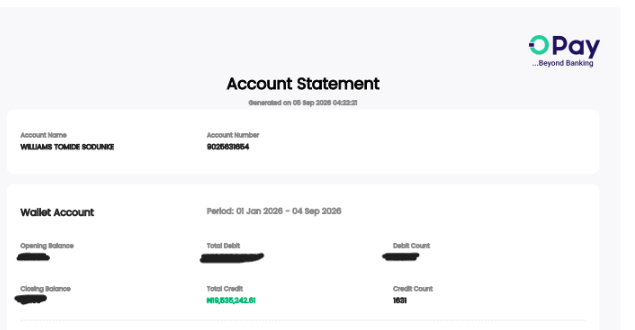 Bank statement showing ₦19.5M+ received only from selling digital products on WhatsApp alone in 2026