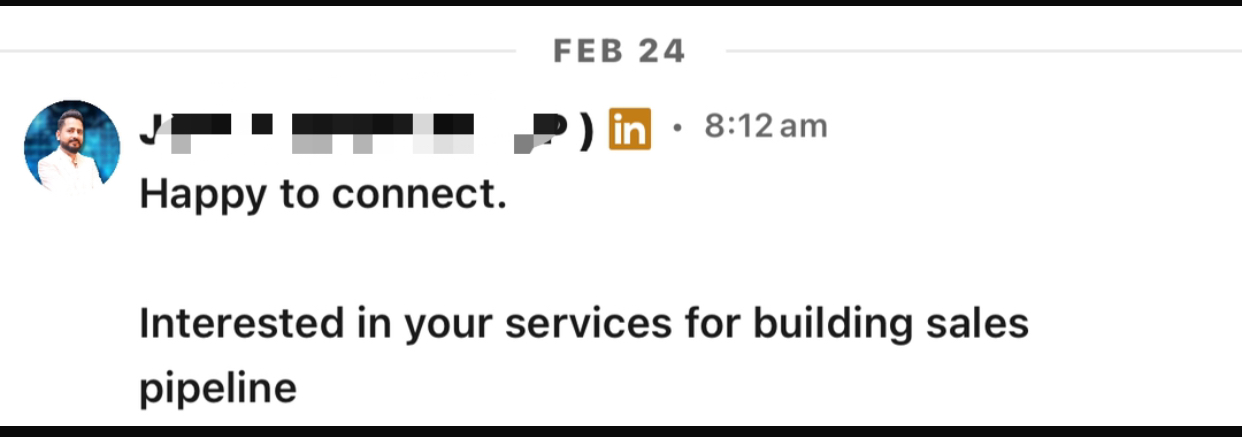 Inbound LinkedIn DM from client requesting sales pipeline building services