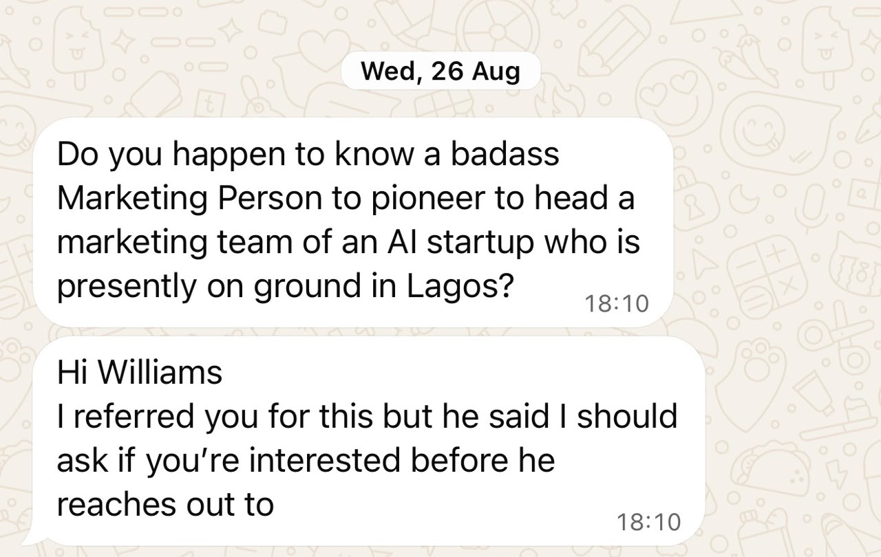 Inbound referral invitation to head marketing for a funded AI startup in Lagos
