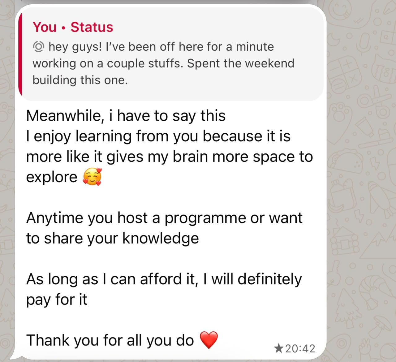 WhatsApp message from student ready to pay for any knowledge programme