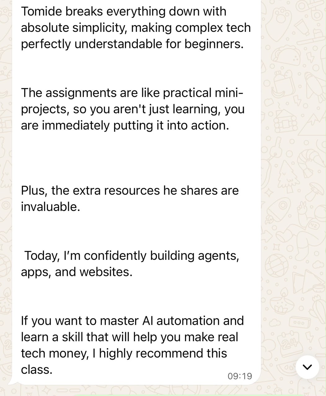 Student feedback on mastering AI automation, agents, apps and websites with simple frameworks
