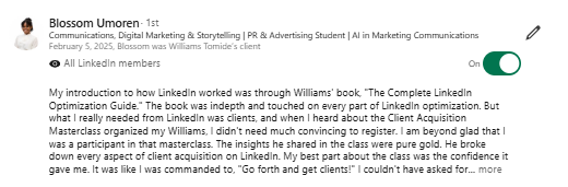 LinkedIn recommendation on mastering client acquisition and personal brand positioning