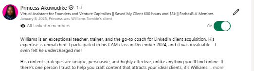 LinkedIn executive endorsement from ForbesBLK member praising high-ticket content & client strategies