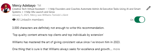 LinkedIn recommendation on high-value personal branding and consistent client attraction