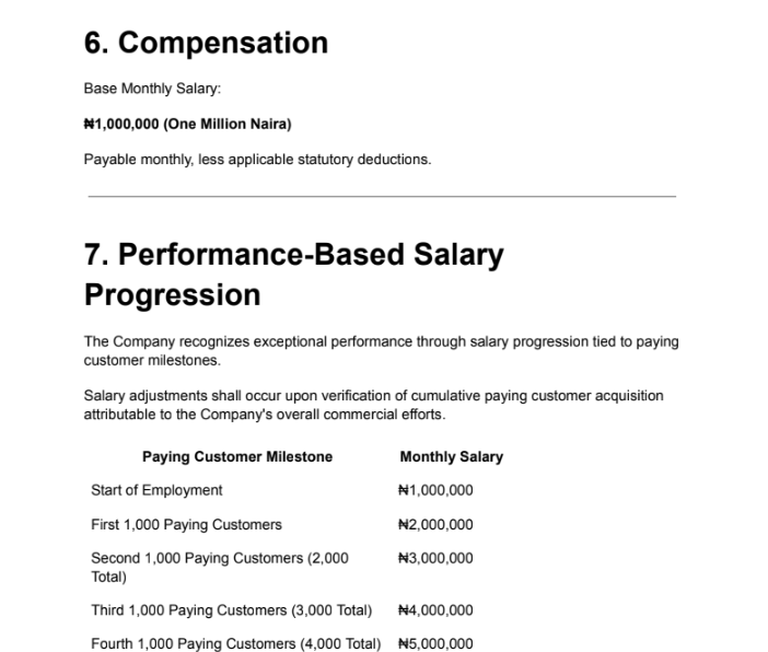 Executive offer letter with ₦1,000,000 base salary scaling up to ₦5,000,000/month
