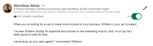 AI product developer recommendation praising marketing and business revenue growth