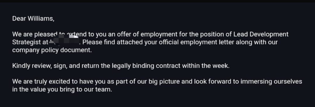 Official offer of employment for the role of Lead Development Strategist