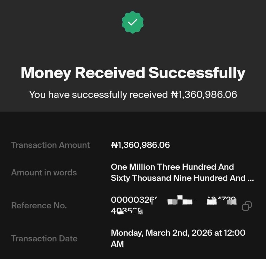 Verified bank transfer payment receipt of ₦1,360,986 received