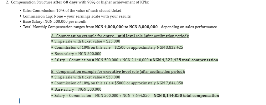 High-ticket sales compensation structure scaling from ₦4,000,000 to ₦8,000,000+/month